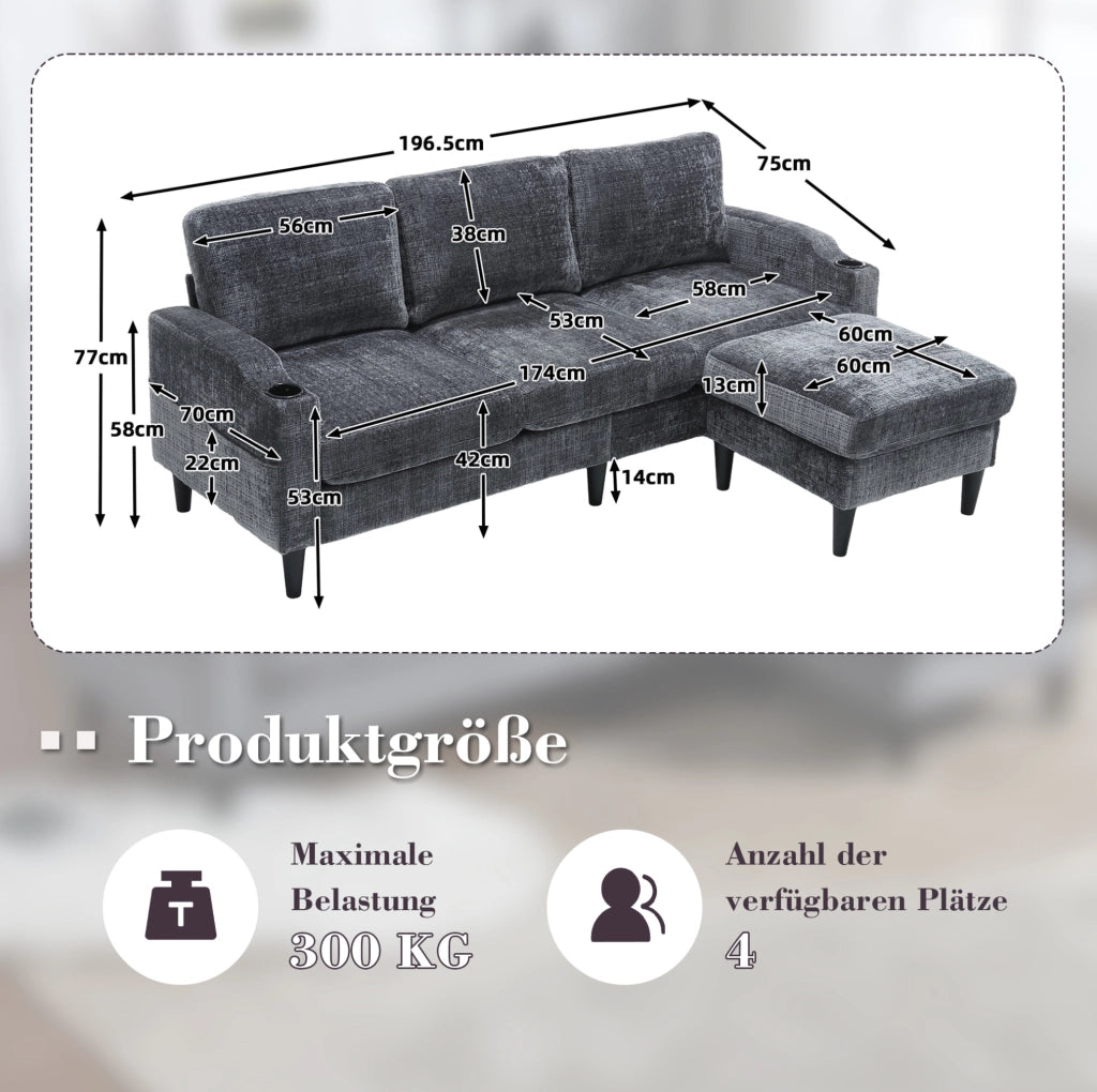 Divano 4 posti con pouf contenitore; rivestimento in chenille grigio; 196;5 cm
