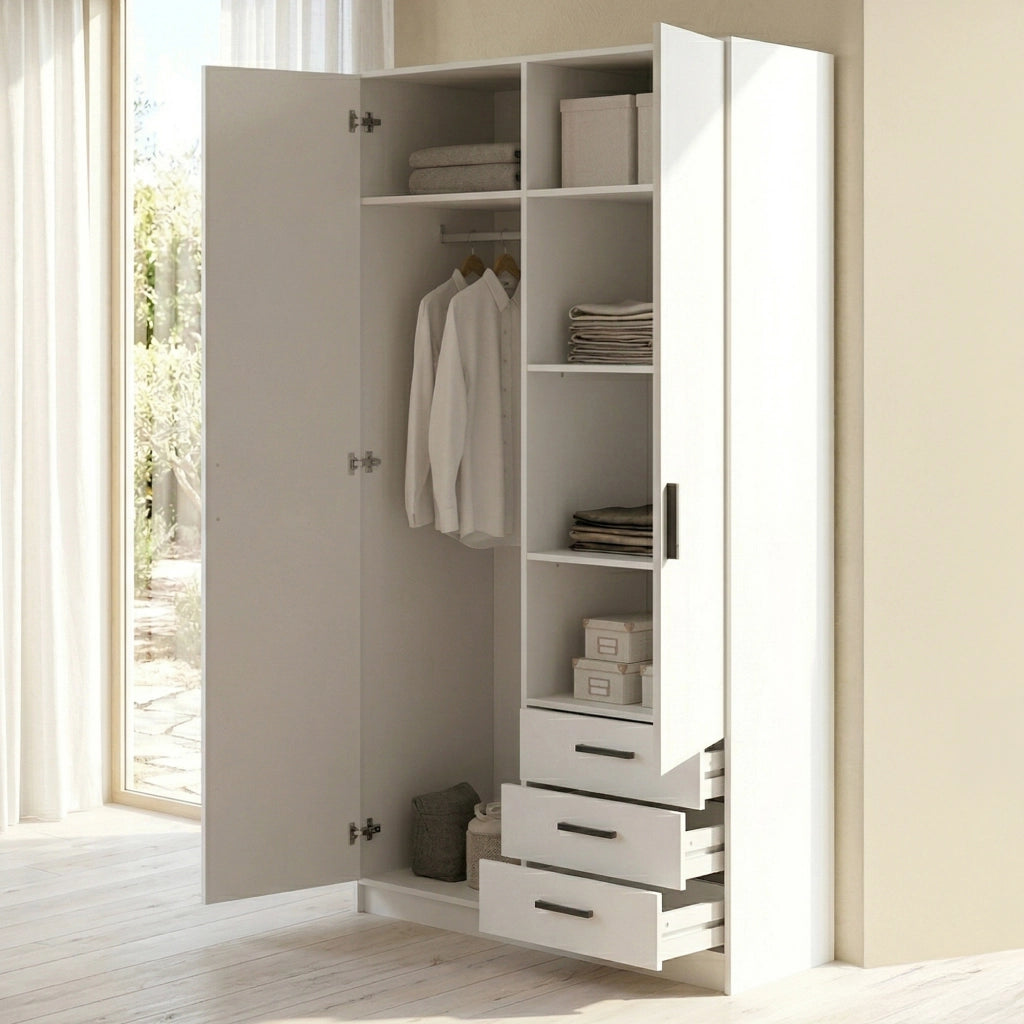 Guardaroba 2 ante Sultani, Mobile camera da letto, Cabina armadio portabiti, Armadio appendiabiti, 99x50 h200 cm, Bianco
