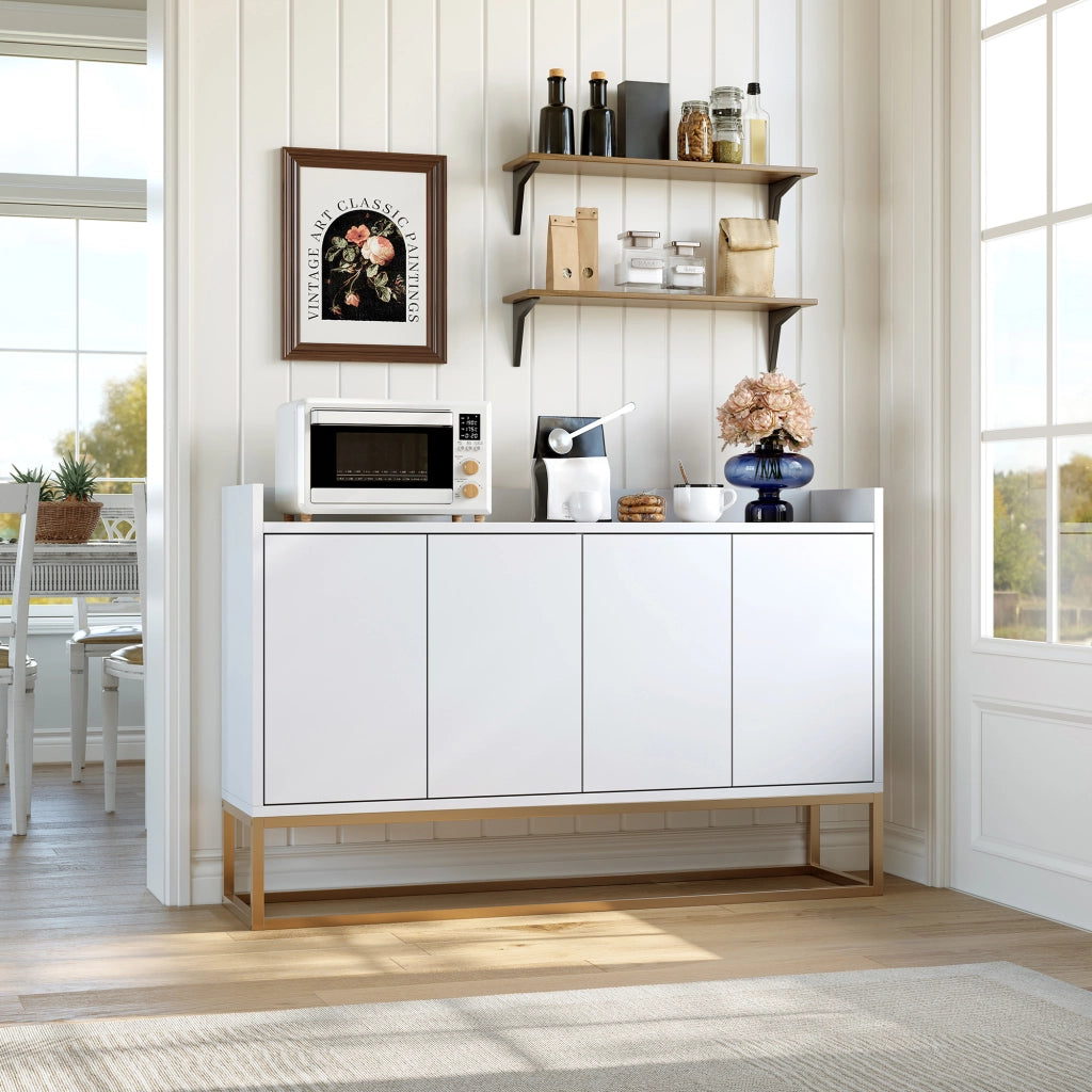 Credenza buffet 120cm bianca, mobile soggiorno pannello di particelle con base metallo oro, 4 ante push‑to‑open, ripiani regolabili per sala da pranzo ingresso