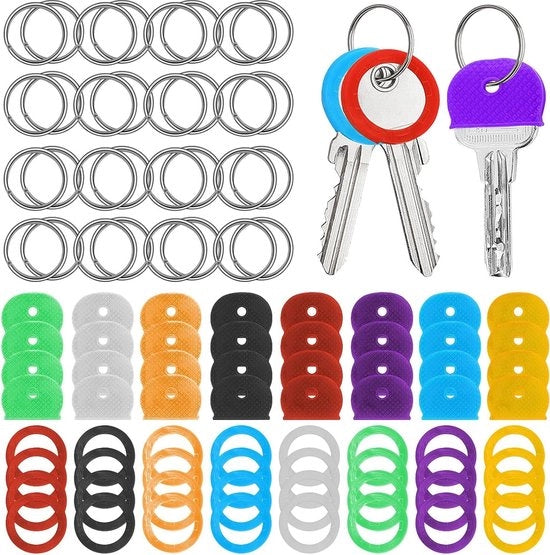 Set di coppe chiavi - 64 pezzi coppe chiavi PVC colorate - set di etichette chiavi con 32 anelli di chiave in acciaio - forma semicircolare, circolare - 8 colori