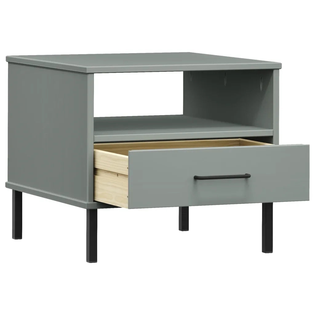 Comodino con Gambe in Metallo-Tavolino da notte Grigio Legno Massello Pino OSLO