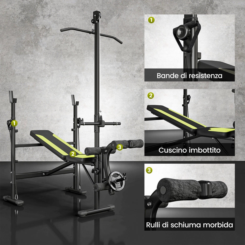 Panca Multifunzione Fitness con Schienale Regolabile e Barra ¨C zephmum ¨C Nero 175x110x202 cm