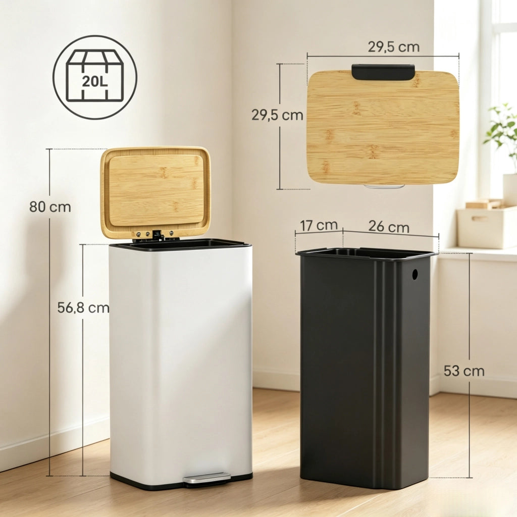 Pattumiera da cucina da 20 litri con pedale, coperchio in bamb¨´ con chiusura ammortizzata, contenitore interno removibile, bianca.