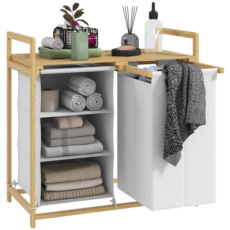 CESTO PORTABIANCHERIA CON 2 BORSE ESTRAIBILI MANIGLIE E RIPIANO IN BAMBÙ 70X36X70 CM BIANCO