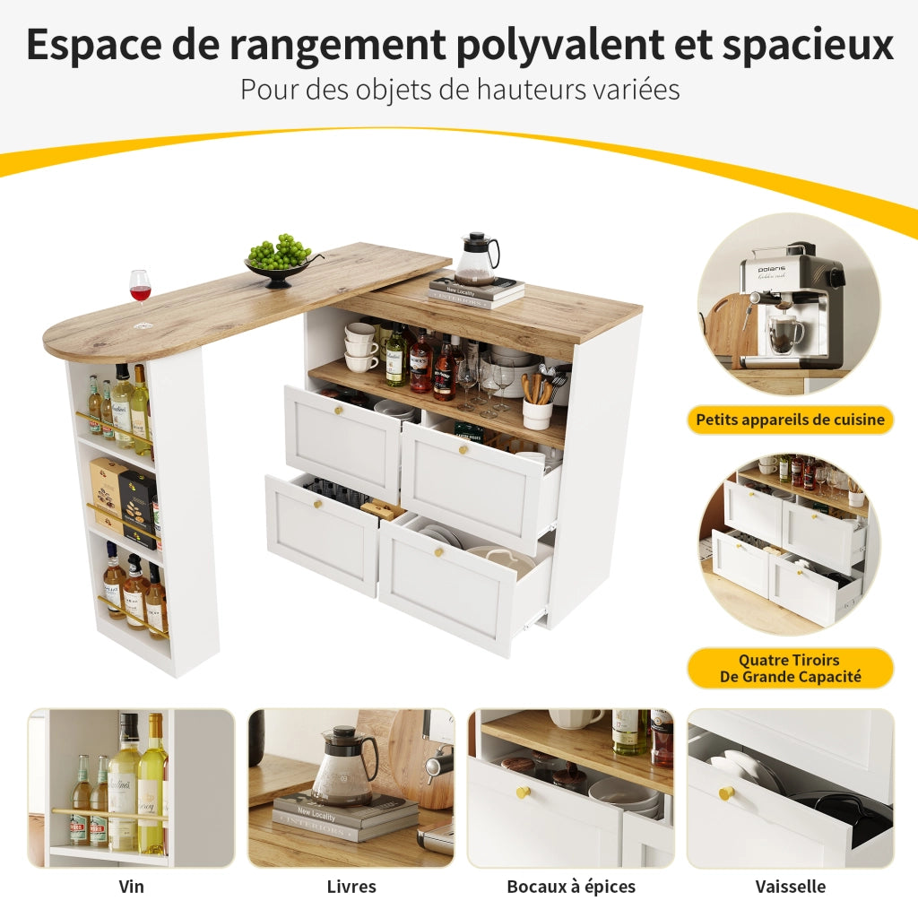 OKWISH Mobile Contenitore Modulare con 4 Cassetti e Ripiani Aperti Girevoli 360, per Soggiorno Studio, MDF, 105 x 39 x 102 cm