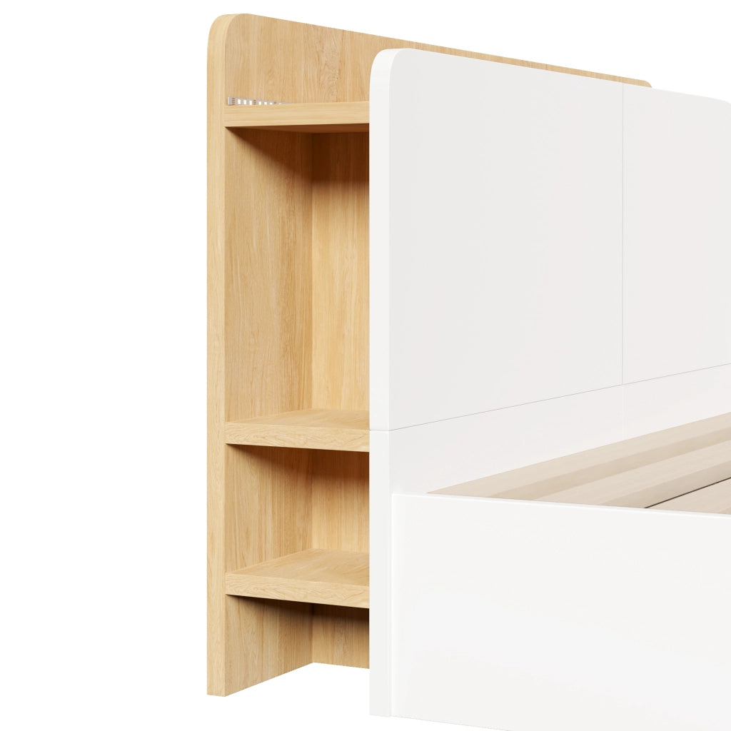 Letto contenitore 140×200 cm; letto matrimoniale con sollevamento idraulico; USB Type-C e LED; senza materasso; in pino; bianco e naturale