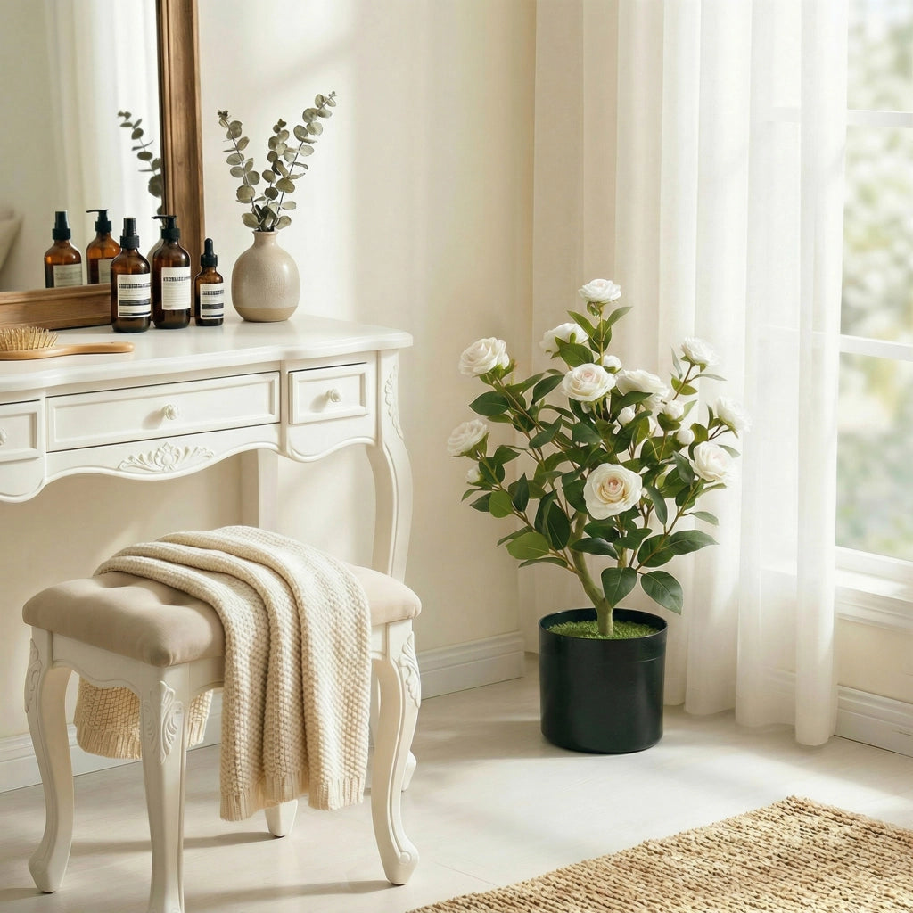 Pianta Artificiale di Camelia 65cm ¨C Xylo ¨C Fiori Seta Realistici 116 Foglie Effetto Musgo Bianco