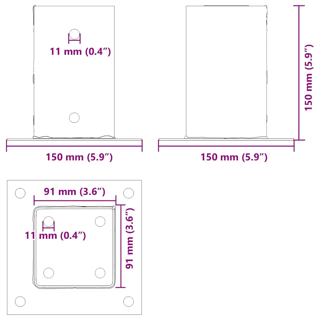 Basi per Pali Quadrati 4 pz 91x91 mm Acciaio Verniciato Polvere 42000028