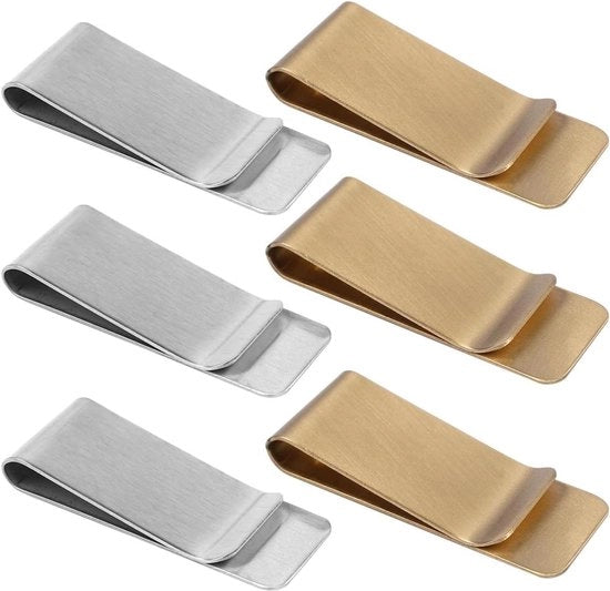 Set di 6 clip per banconote in acciaio inossidabile per uomini - portafoglio mini stile - contenitore di biglietti e carte - colori argento e oro - 52x20x0,8 mm.