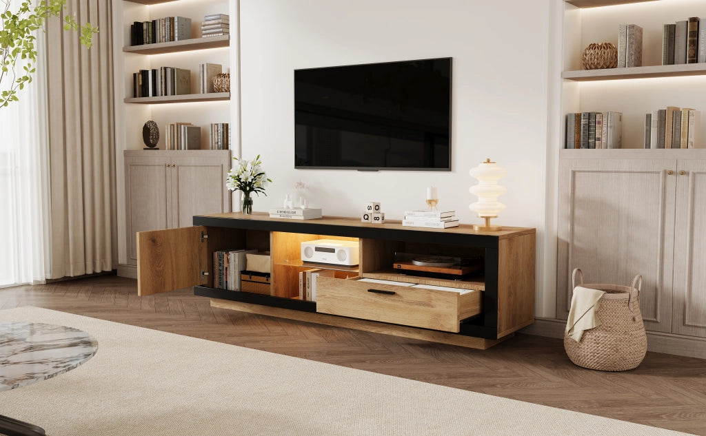 Mobile TV LED moderno con ripiani in vetro, cassetto e vano contenitore, per TV fino a 70 pollici, nero e rovere