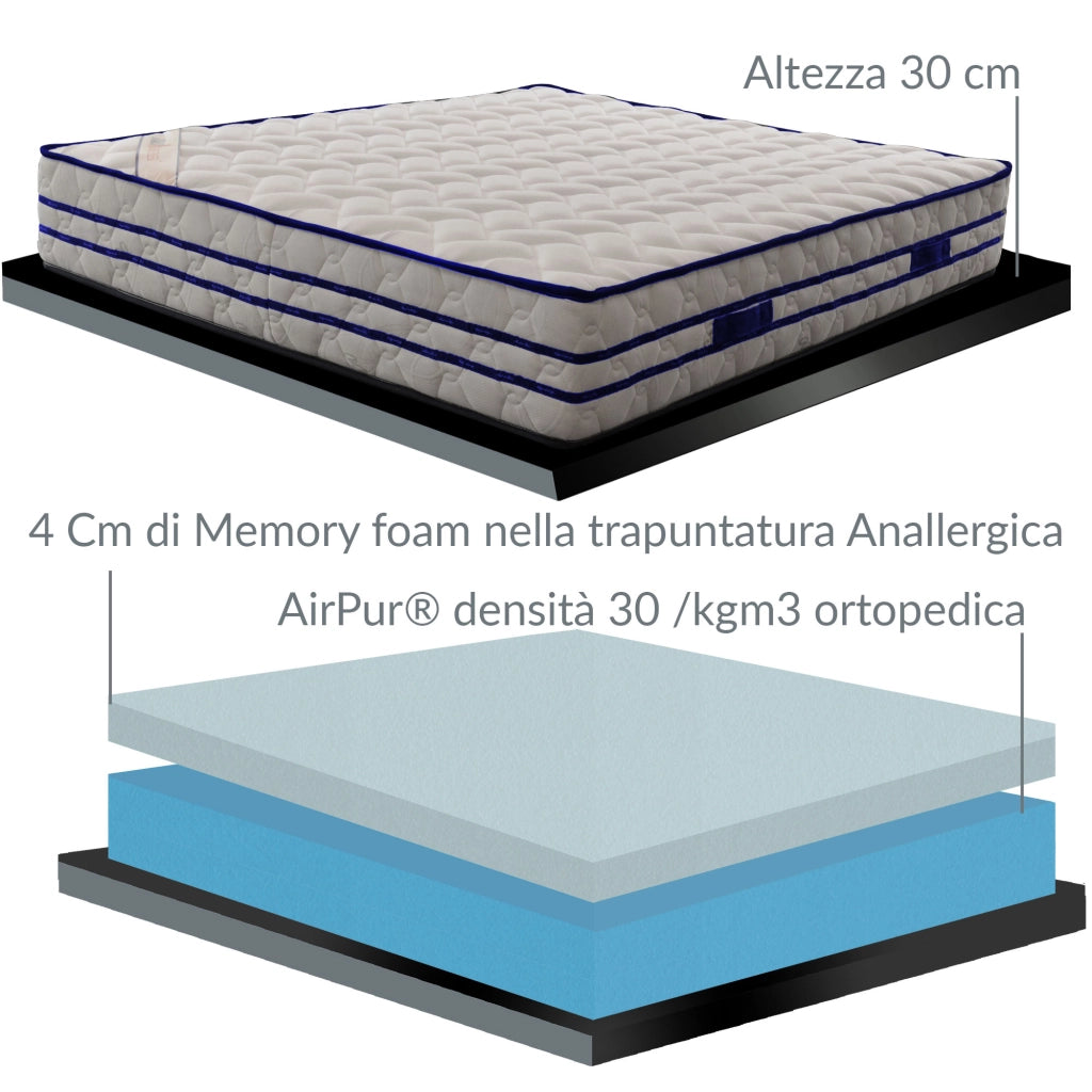 Materasso memory molto alto piazza e mezza 120x190 cm, materasso ALTO 30 CM, ORTOPEDICO, DETRAIBILE, Disp. MEDICO + CUSCINO e tessuto anallergico. Materasso anche per pesi Extra, MEMO30