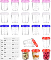 Collezione di 20 piccoli contenitori in plastica con coperchi e etichette di data, contenitori in plastica da 120 ml con coperchi per congelamento, contenitori a chiusura ermetica per yogurt, pudding e salse.