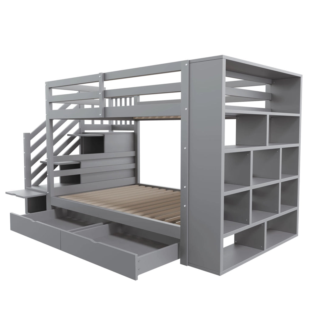 Letto a castello 90x200 cm con scala contenitore e cassetti, grigio