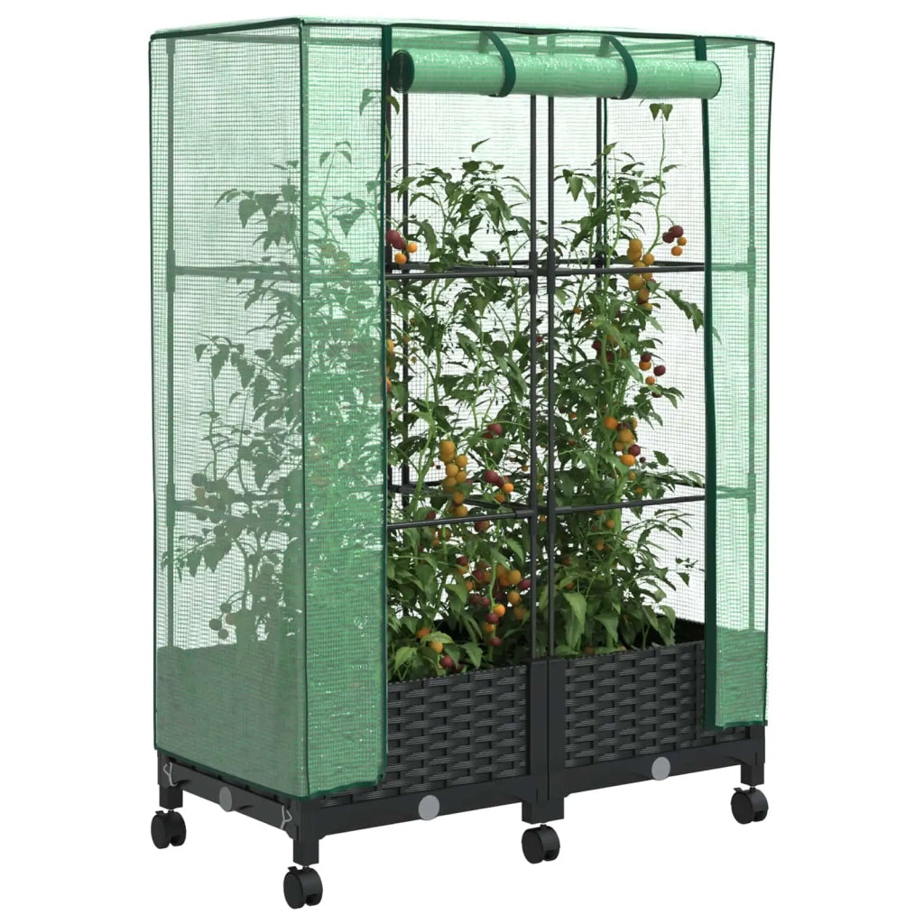 Vaso da Giardino con Copertura per Serra e Ruote 2 pz Nero PP 3422975