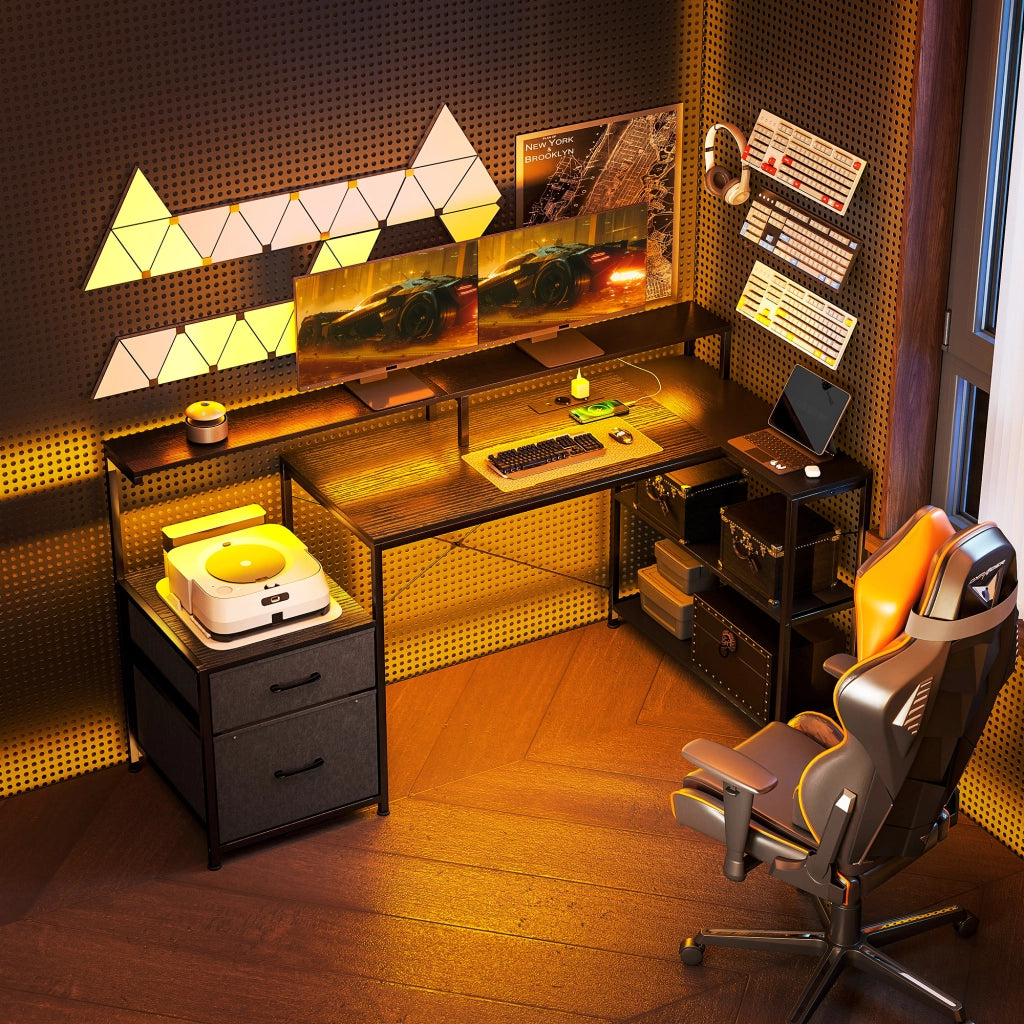Scrivania Gaming Angolare con LED e Monitor ¨C Xylo ¨C 165x80x91,5 cm Nero Legno