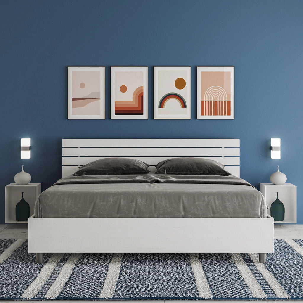 BS COM Letto matrimoniale contenitore 160x200 testata inclinata con doghe bianco frassino