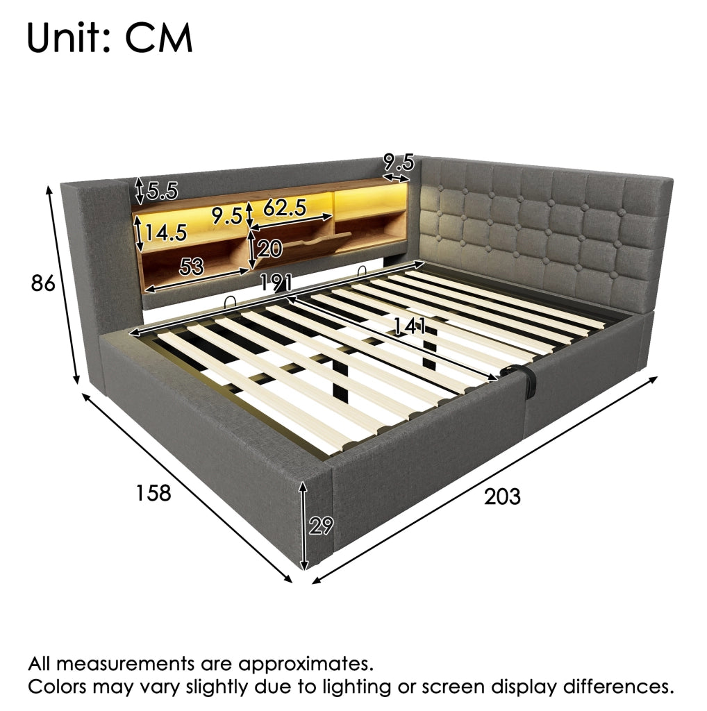 Letto imbottito 140x190 cm con LED, contenitore idraulico e testiera L reversibile