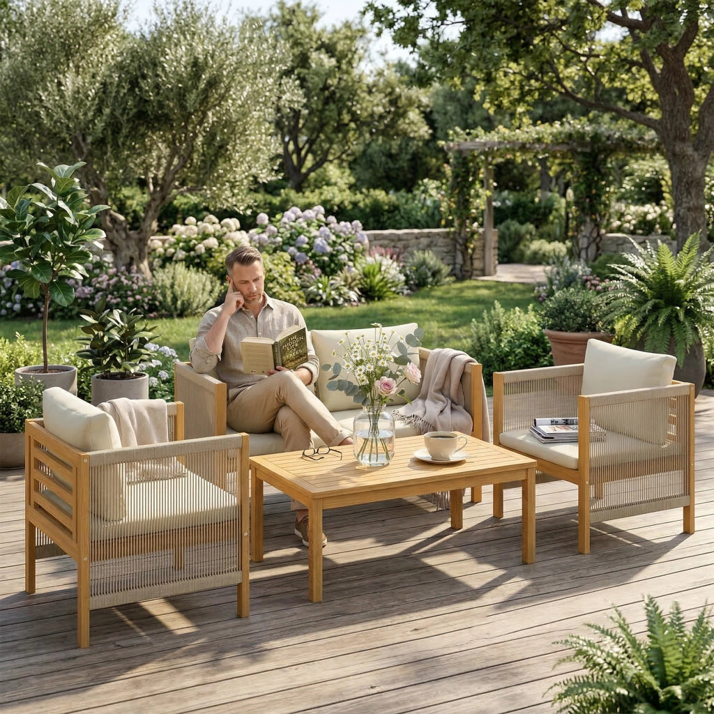 Set Salotto Giardino 4 Pezzi ¨C Zephmum ¨C Divanetto, 2 Poltrone con Cuscini, Tavolino Legno Acacia