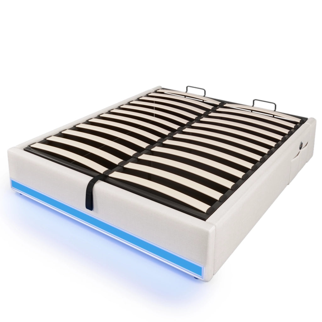 LETTO Imbottito 140x200 cm Beige in Lino con LED, USB e Type-C