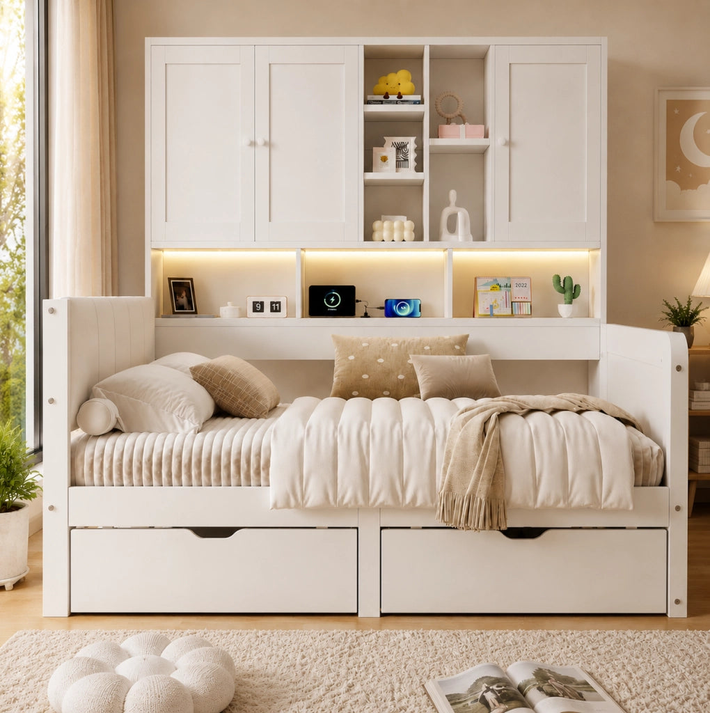 Letto 90x200 con contenitore, LED, USB e testiera imbottita