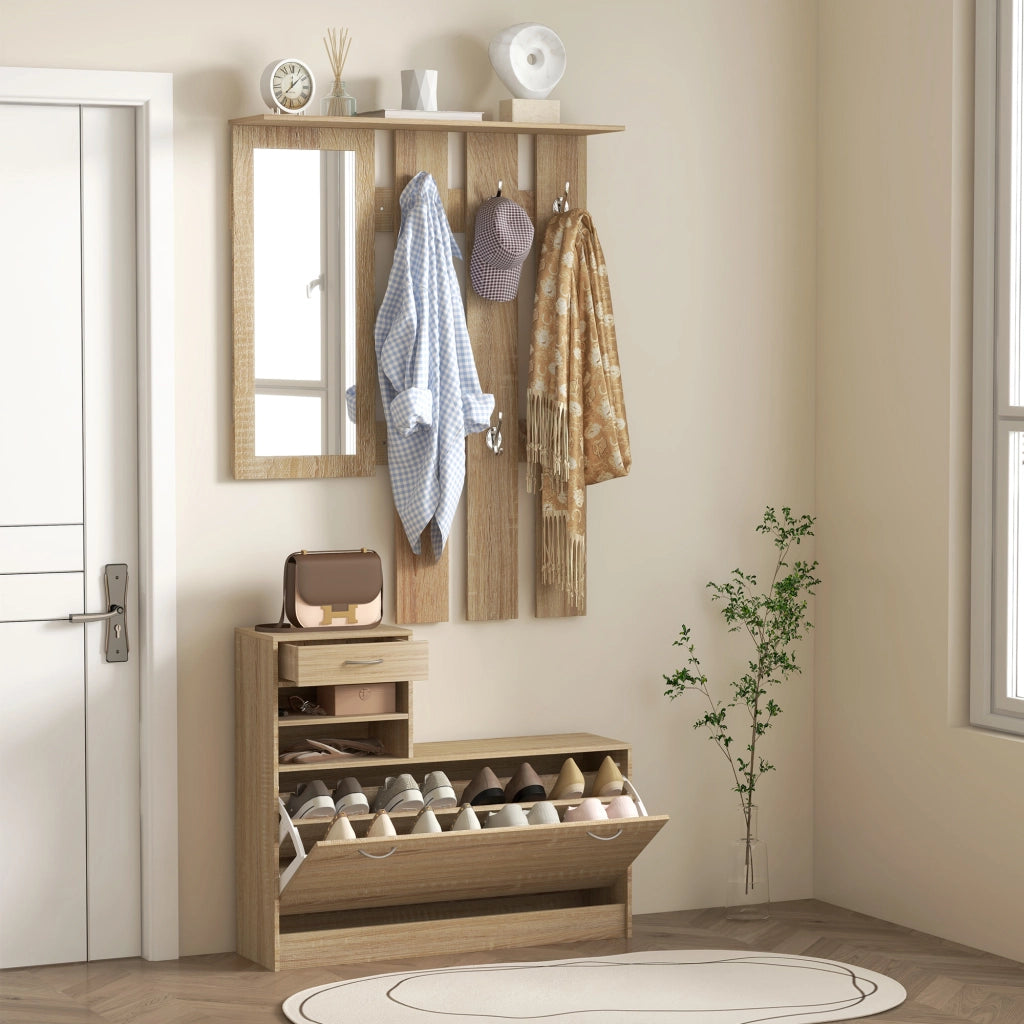 Mobile Appendiabiti con Scarpiera e Specchio ¨C Xylo ¨C Legno Quercia, 90x10x91 cm