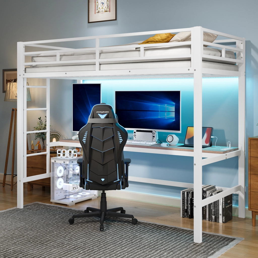 Letto a soppalco - Zephmum- 90x200 cm - Bianco - Con scala, scrivania USB, luci LED app