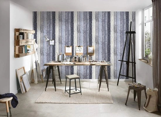 Velo da parete New England 2 con finitura a imitazione di legno fotorealistica con stile marittimo 10,05 m x 0,53 m blu