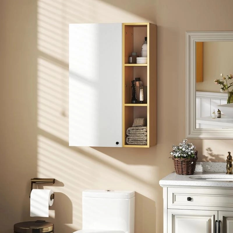ARMADIETTO BAGNO A PARETE CON RIPIANI REGOLABILI E 3 MENSOLE APERTE, 59.5X30X90 CM, BIANCO E LEGNO