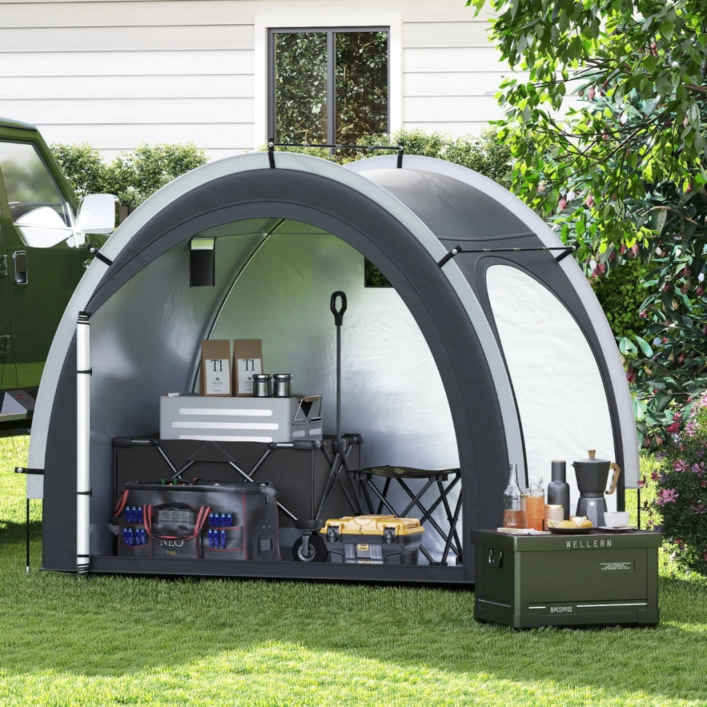 Tenda rimessa per biciclette esterna portatile e ingresso laterale, Tenda deposito biciclette con tessuto argento impermeabile Nero-Tende