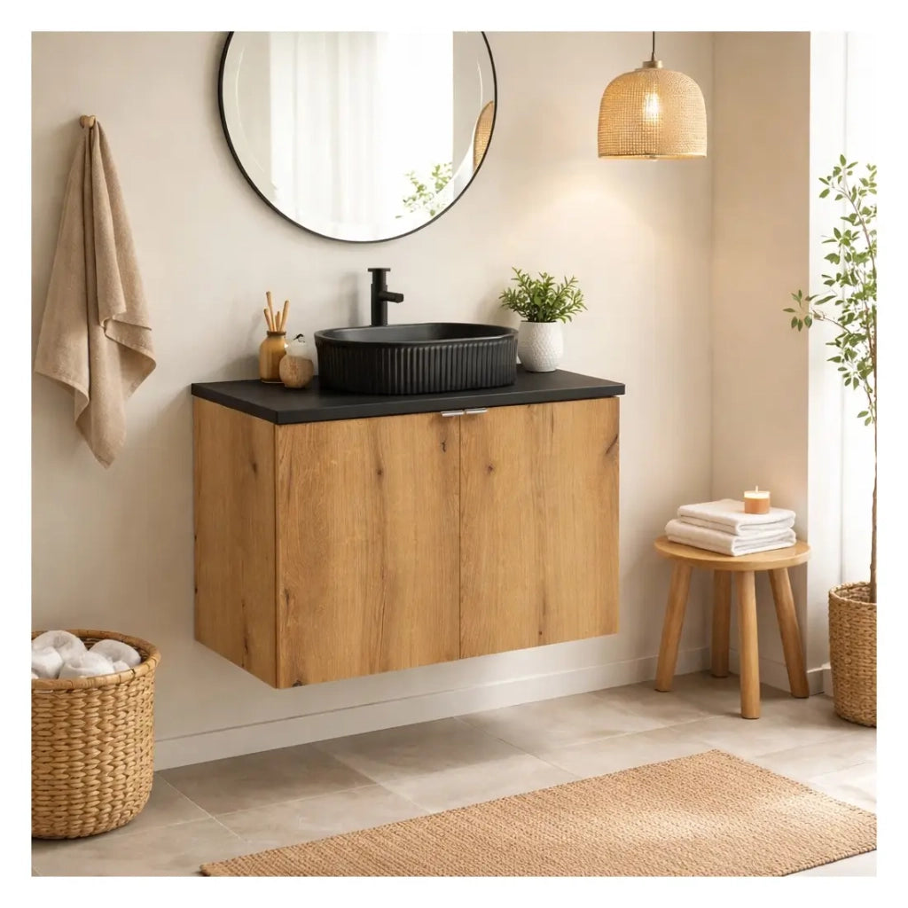 Set VANO effetto rovere e nero 80cm: mobile sottolavabo con ante + top per lavabo + lavabo da appoggio nero scanalato