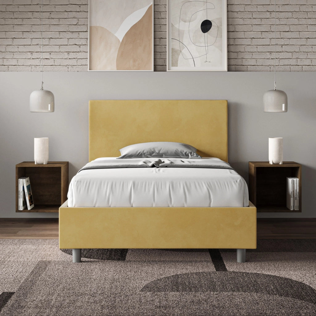 BS COM Letto singolo con rete imbottito 100x210 microfibra ocra