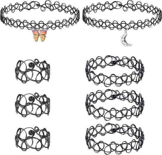Set di collane elastiche a 8 pezzi: 4 collane choker stretch, 2 bracciali, 2 anelli - set di accessori per ragazze con cerniera in gomma - accessori vintage anni '90 in stile punk gothic per ragazze.