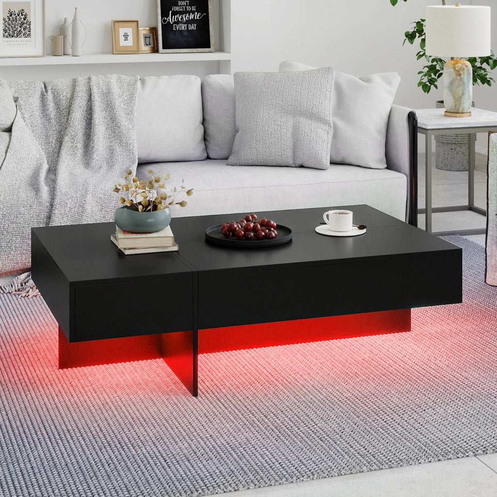 Tavolino da caff¨¨ moderno con striscia led con 3 cassetti per soggiorno, Tavolino laccato lucido 120 x 70 x 35 cm finto marmo Nero
