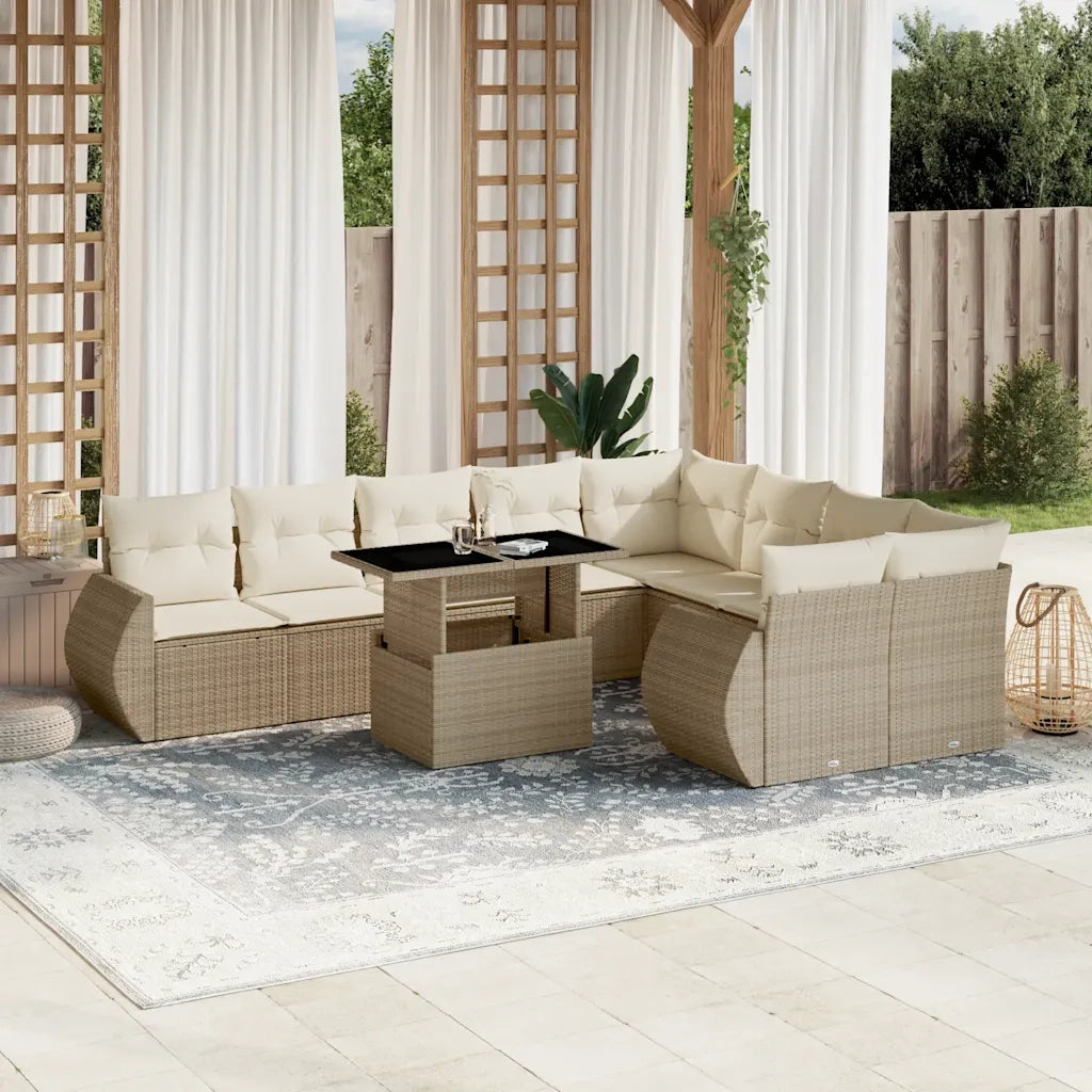Set Divano da Giardino 10 pz con Cuscini Beige in Polyrattan