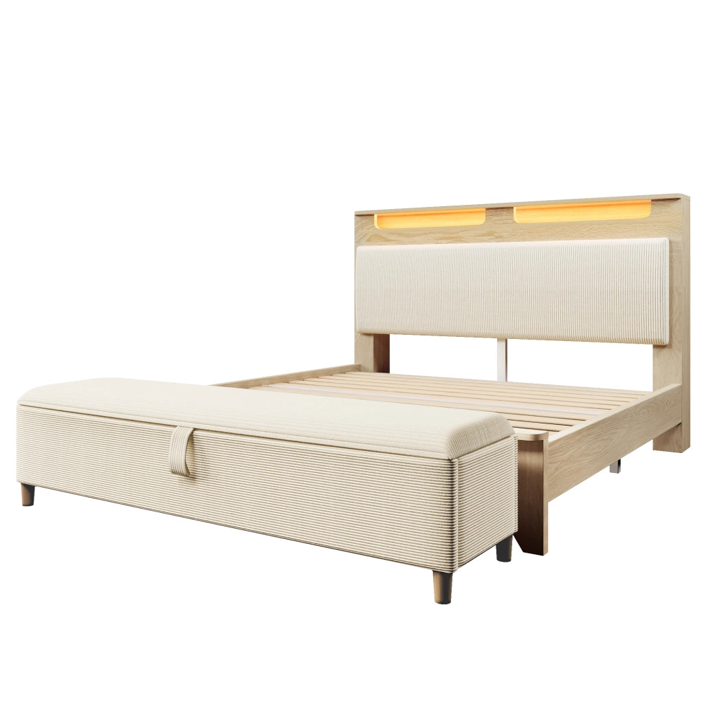 Letto matrimoniale 140×200 cm con LED; testiera con ripiano e panca contenitore; materasso incluso; legno; beige