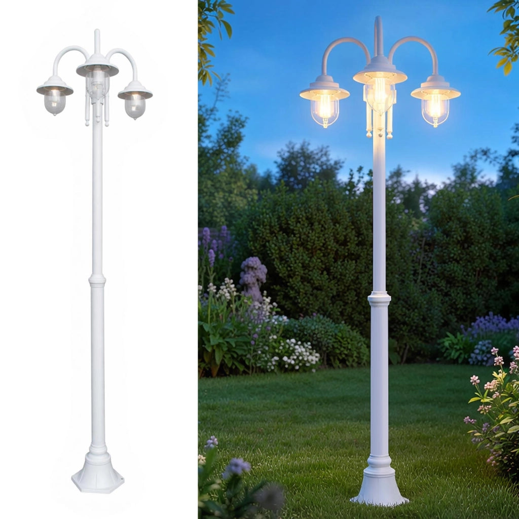 Lampione da Giardino 3 Luci Impermeabile E27 IP54 Lanterna Vintage Luce Viale Cortile Altezza Regolabile 200cm colore BIANCO