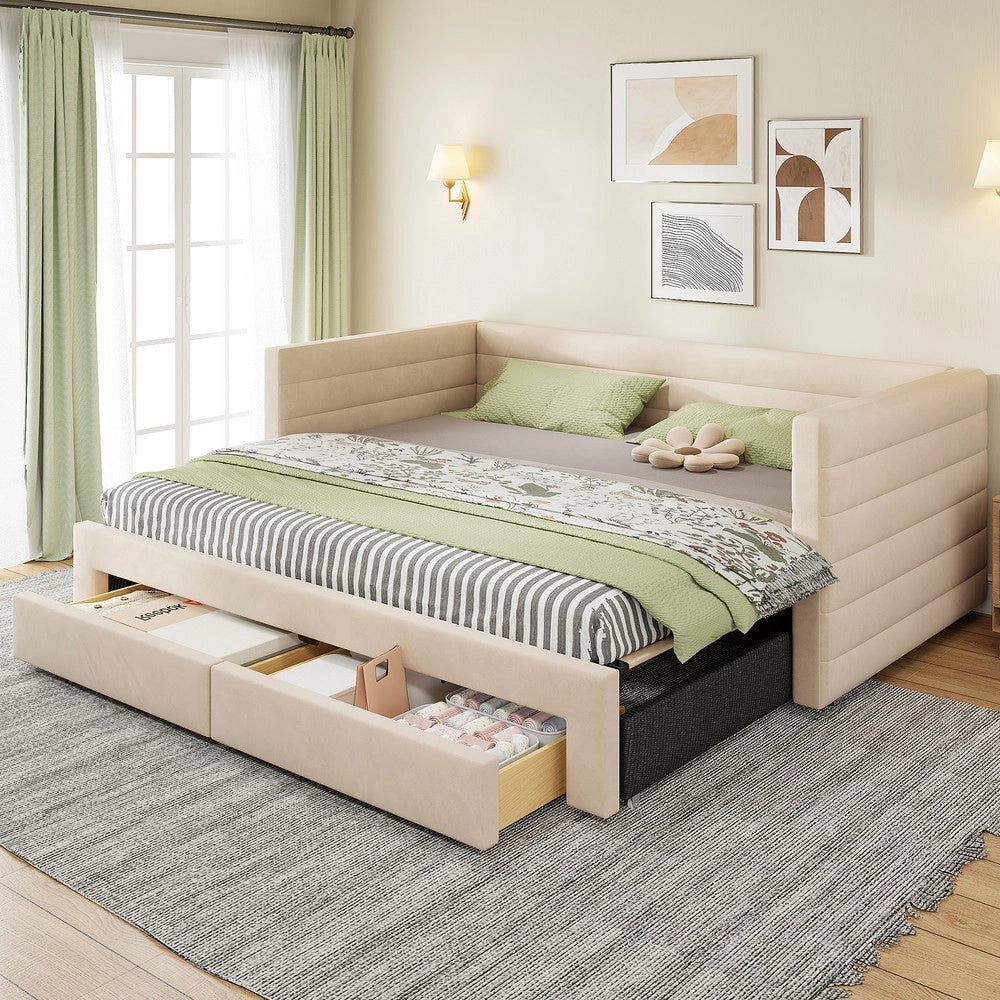 Letto Imbottito Estraibile 3 in 1 con Cassetti e Rete a Doghe ¨C MINIMAL ¨C Singolo/Matrimoniale 90x190, Beige