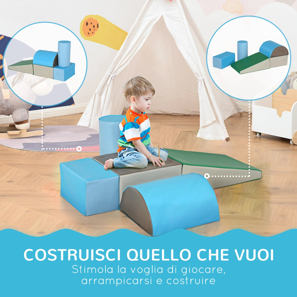 Set Costruzioni Morbide per Bimbi 1-3 Anni con 5 Blocchi Colorati, Set da Gioco Blocchi Morbidi per bambini in Finta Pelle e Schiuma, Marrone, Cachi, Blu, Verde e Celeste