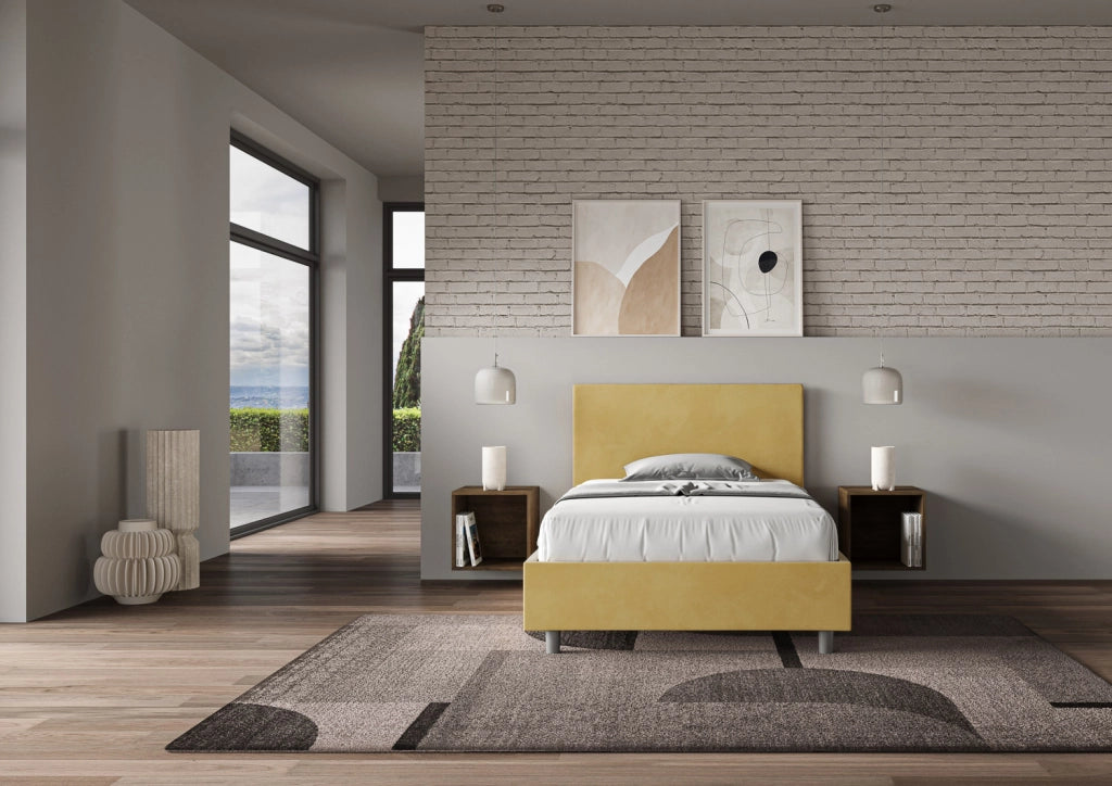 BS COM Letto una piazza e mezza con rete imbottito 120x210 microfibra ocra