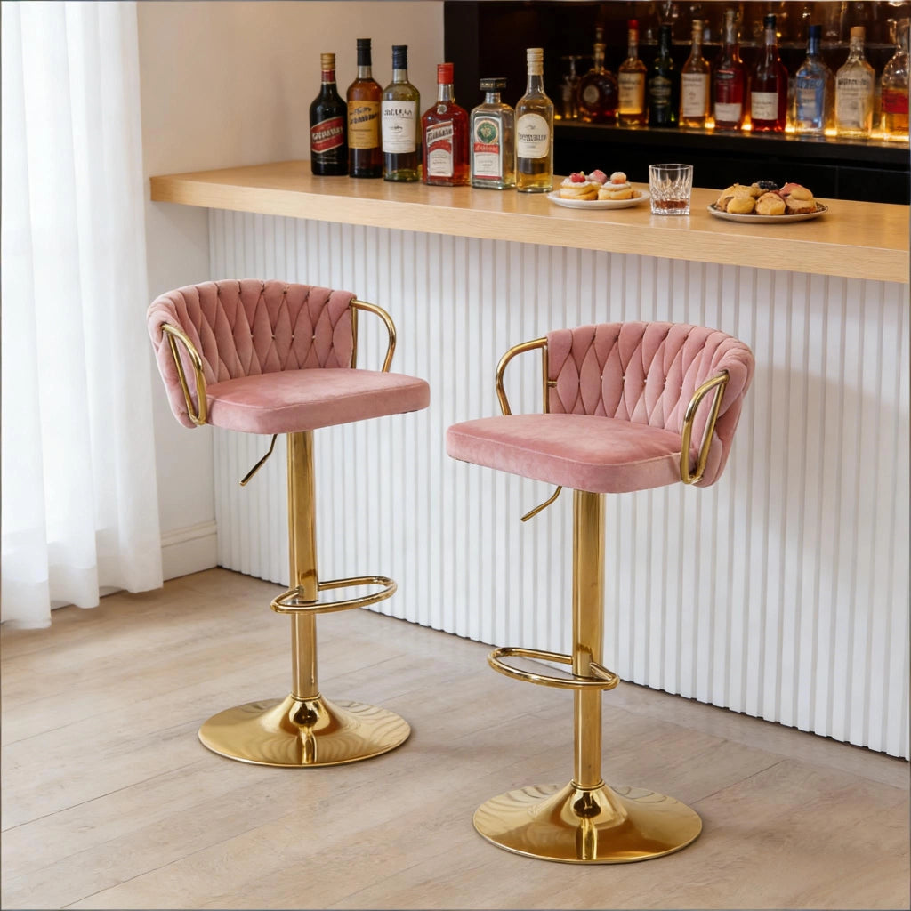 Set di 2 sgabelli da bar girevoli regolabili in altezza con schienale e poggiapiedi in velluto rosa