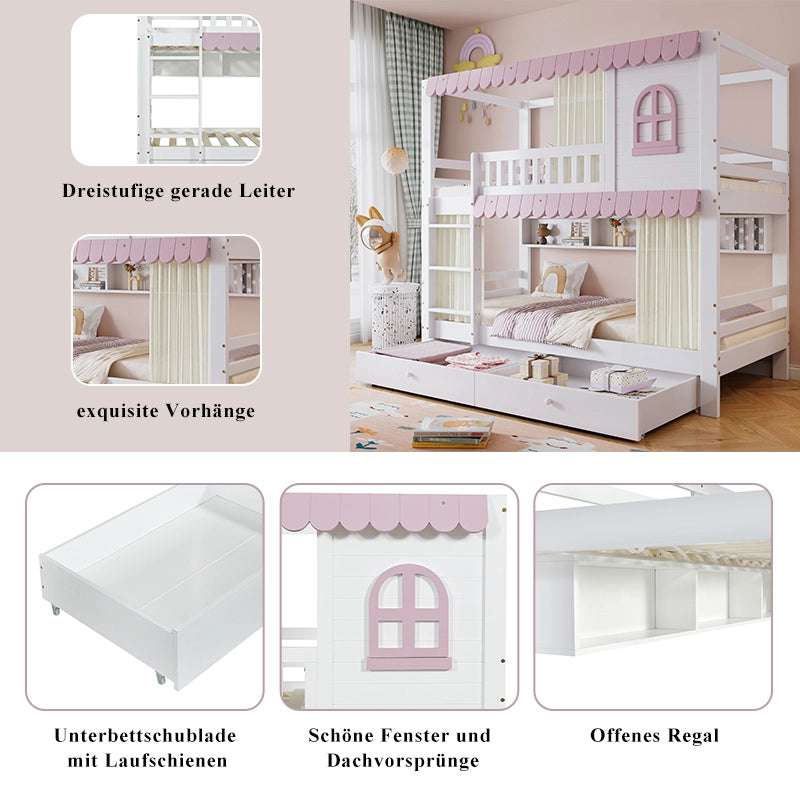 DESMIU Letto a castello bambino 90 × 200 cm 2 posti con finestre, tende, 2 cassetti, ripiani, senza materasso, bianco e rosa