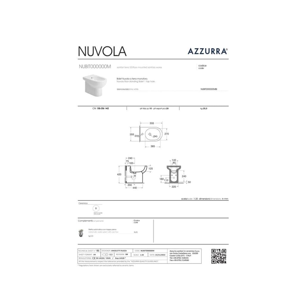Bidet a Terra Azzurra Ceramica "Nuvola" Bianco Lucido