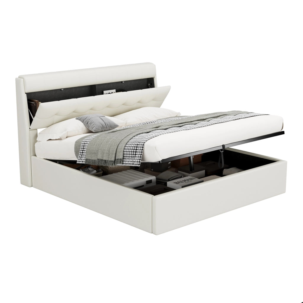 Letto imbottito con contenitore idraulico e testiera con vano nascosto; rivestimento in PU bianco; 160x200 cm; senza materasso