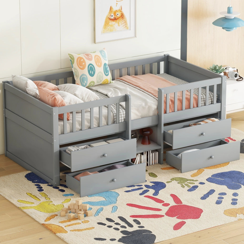 Letto a soppalco 90x200 cm con 4 cassetti; scala e sponde in legno di pino