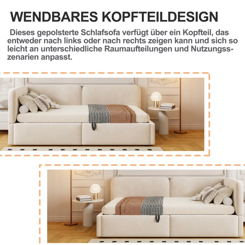Letto divano contenitore 140 × 200 cm con vano idraulico, testiera reversibile, senza materasso, beige