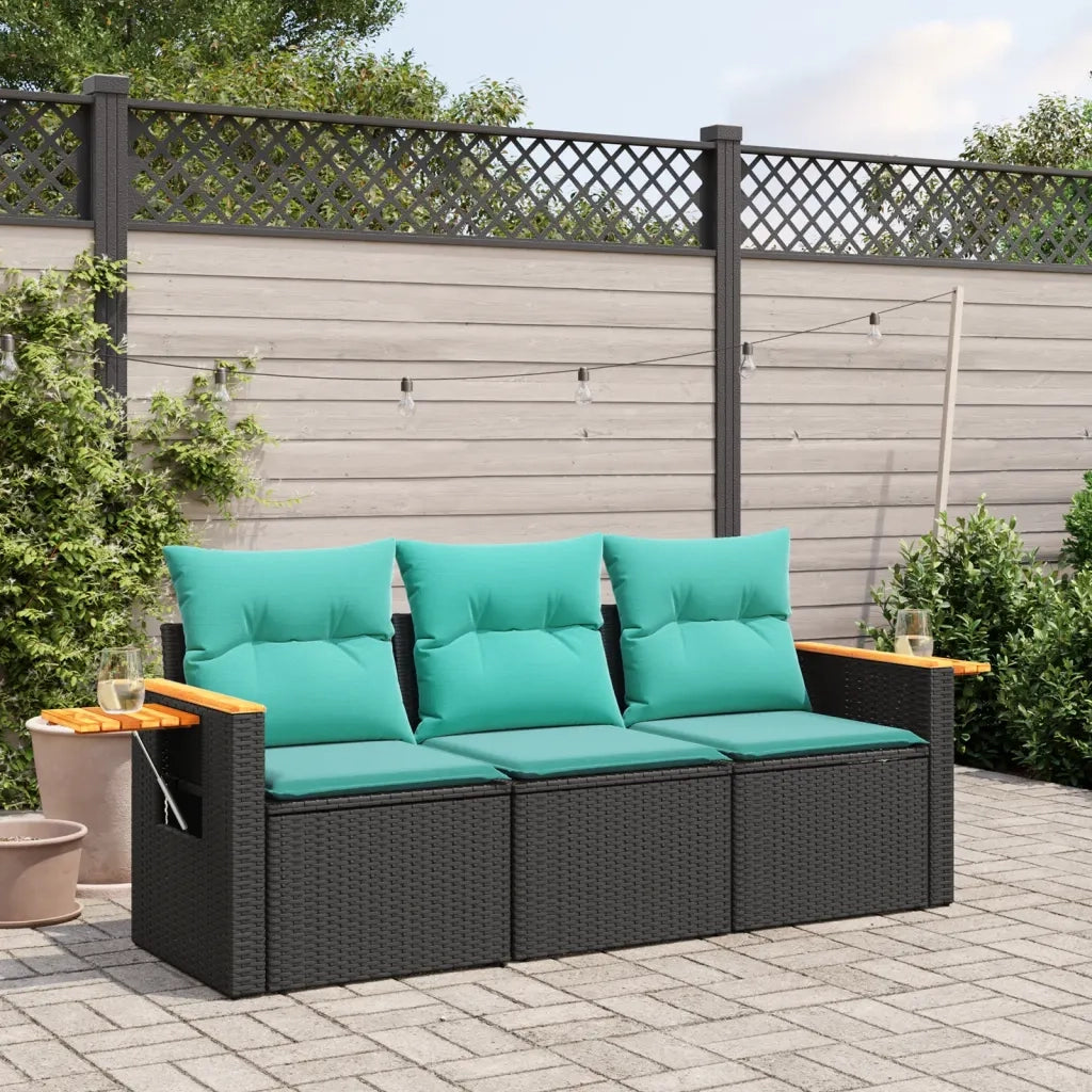 Set Divani da Giardino 3 pz con Cuscini in Polyrattan Nero
