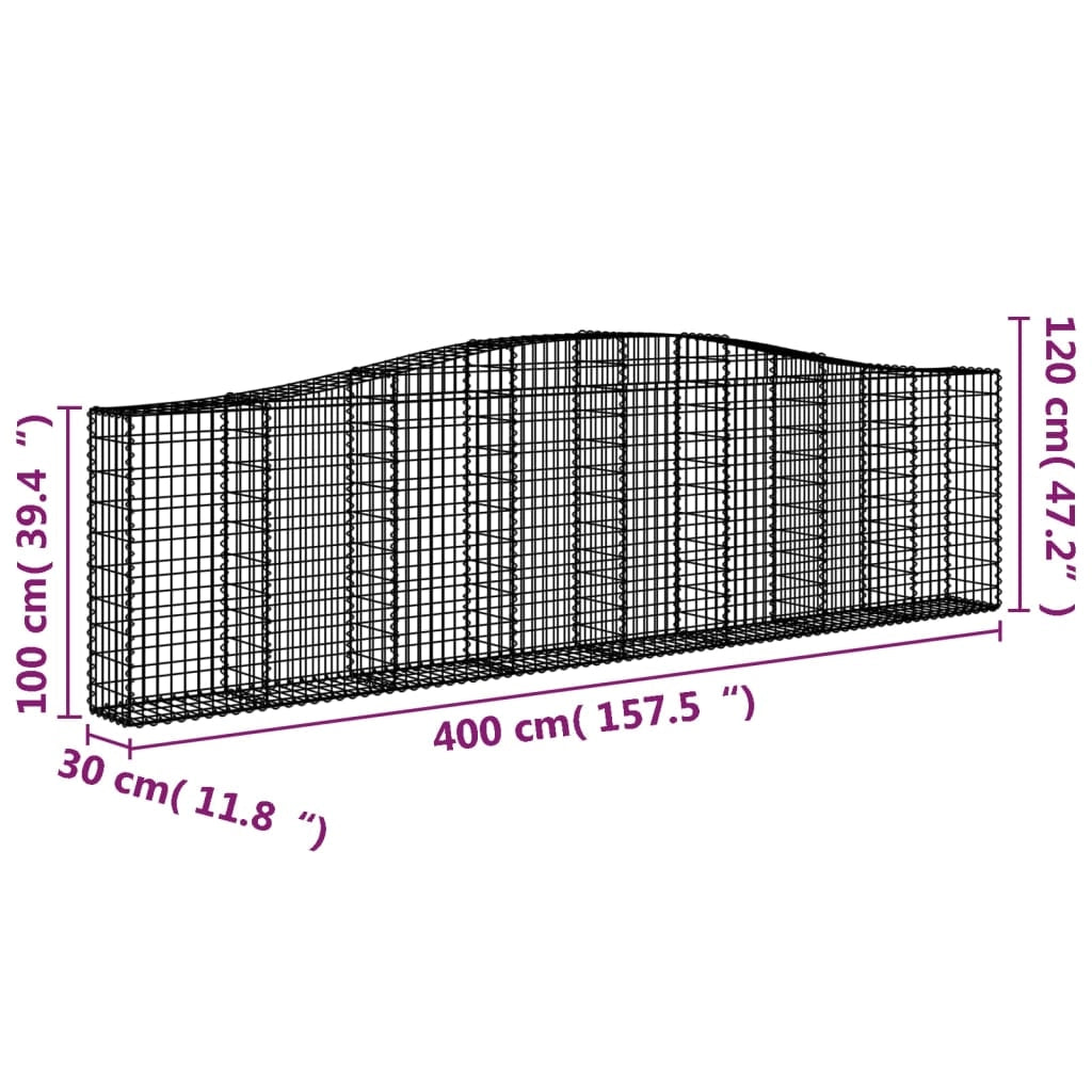 Cestini gabbioni recinzione a gabbia muro di contenimento ad arco 7 pezzi 400 x 30 x 100/120 cm ferro zincato argento 02_0041118