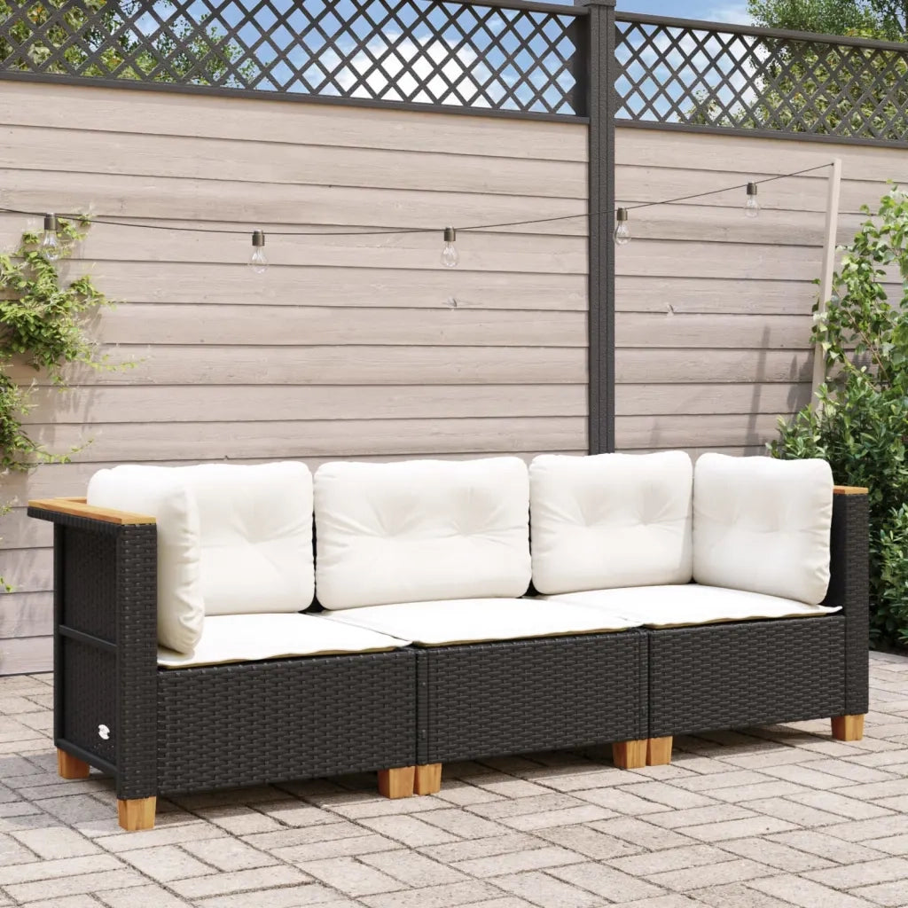 Divano da Giardino a 3 Posti con Cuscini-Sofa da Giardino-Divano da esterno Nero in Polyrattan 108380