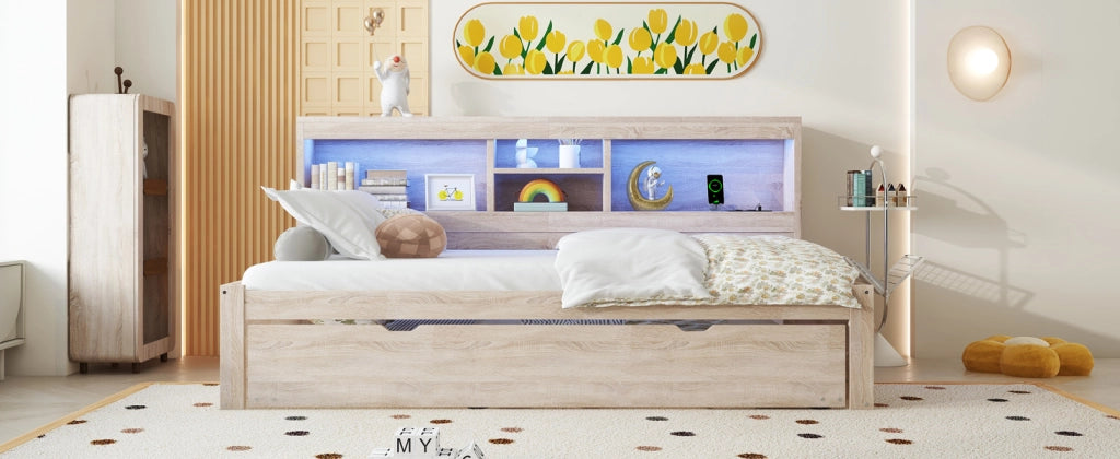 DIVANO LETTO Estraibile 90x200 cm Natur con prese USB e luce ambientale