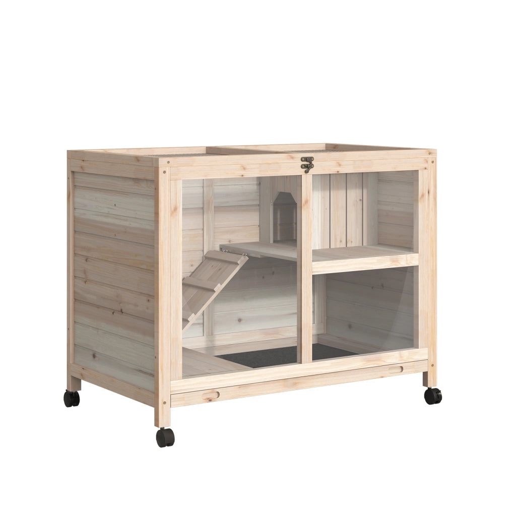 Gabbia per conigli a 2 piani con ruote ¨C Xylo ¨C legno massello naturale 91,5x53,3x73 cm